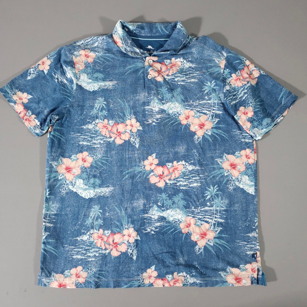 Tommy Bahama Polo Shirt Mens XL Blue Hibiscus Floral Tropical Cotton S/S